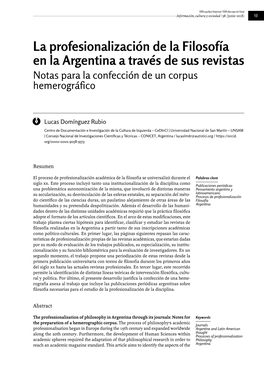 La Profesionalización De La Filosofía En La Argentina a Través De Sus Revistas Notas Para La Confección De Un Corpus Hemerográfico