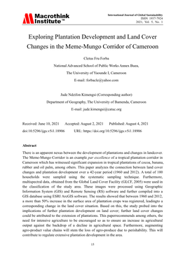 Exploring Plantation Development and Land Cover Changes in the Meme-Mungo Corridor of Cameroon