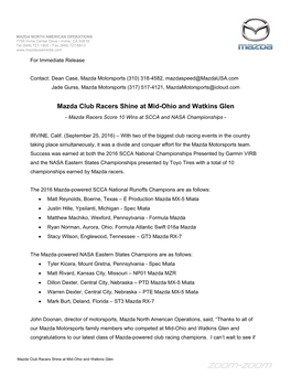 Mazda Club Racers Shine at Mid-Ohio and Watkins Glen - Mazda Racers Score 10 Wins at SCCA and NASA Championships