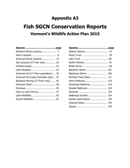 Fish SGCN Conservation Reports Vermont’S Wildlife Action Plan 2015