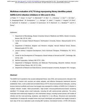 Multidose Evaluation of 6,710 Drug Repurposing Library Identifies Potent SARS-Cov-2 Infection Inhibitors in Vitro and in Vivo
