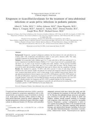 Ertapenem Or Ticarcillin/Clavulanate for the Treatment of Intra-Abdominal Infections Or Acute Pelvic Infections in Pediatric Patients