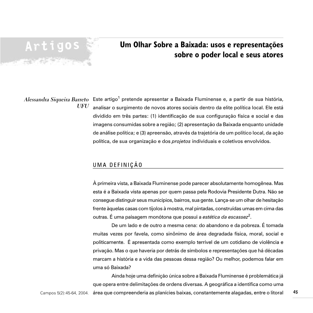 Um Olhar Sobre a Baixada: Usos E Representações Sobre O Poder Local E Seus Atores