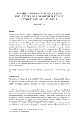 On the Margins of Scholarship: the Letters of Elizabeth Elstob to George Ballard, 1735-17531