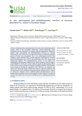 In Vitro Anticoagulant and Antiinflammatory Activities of Geastrum Fimbriatum Fr., Namely As Earthstar Fungus