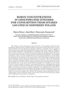 Boron Concentrations in Groundwater Intended for Consumption from Intakes Located in Northern Poland