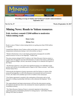 Roads to Yukon Resources Feds, Territory Commit C$360 Million to Modernize Yukon Mining Roads
