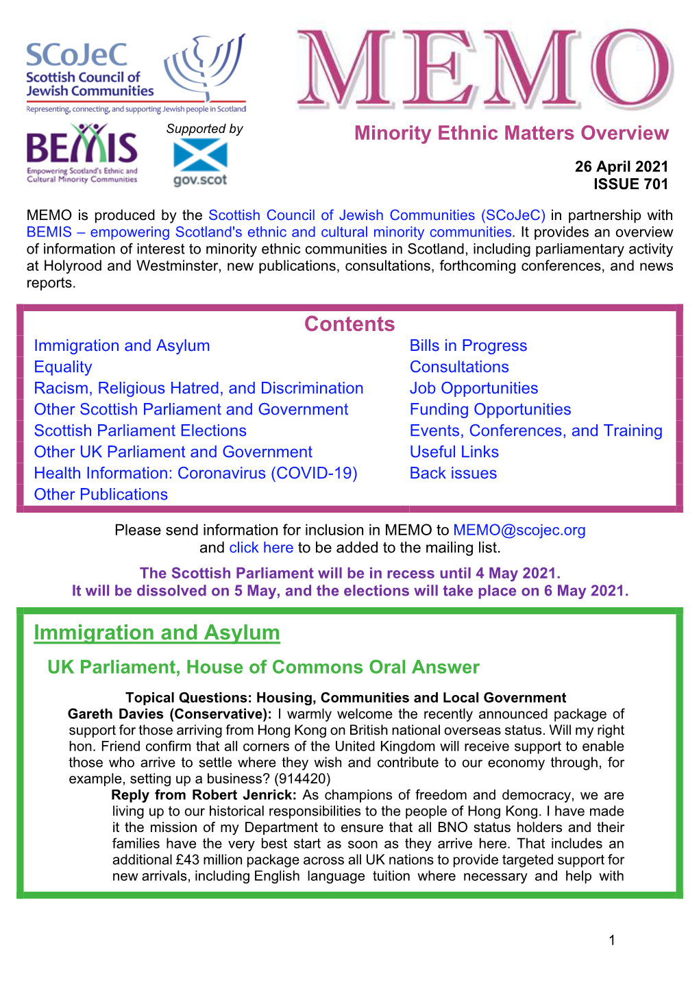 MEMO Is Produced by the Scottish Council of Jewish Communities (Scojec) in Partnership with BEMIS – Empowering Scotland's Ethnic and Cultural Minority Communities