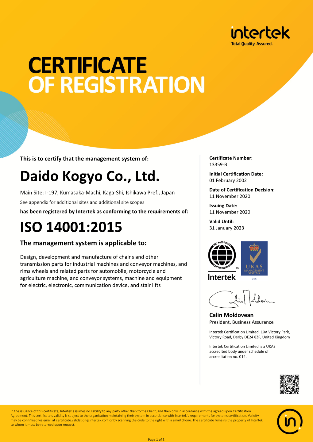 Daido Kogyo Co., Ltd. ISO 14001:2015