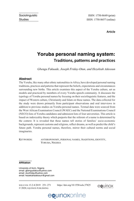 Yoruba Personal Naming System: Traditions, Patterns and Practices