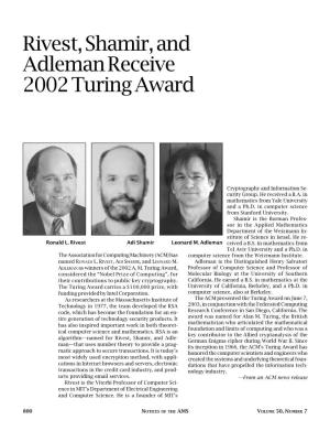 Rivest, Shamir, and Adleman Receive 2002 Turing Award, Volume 50