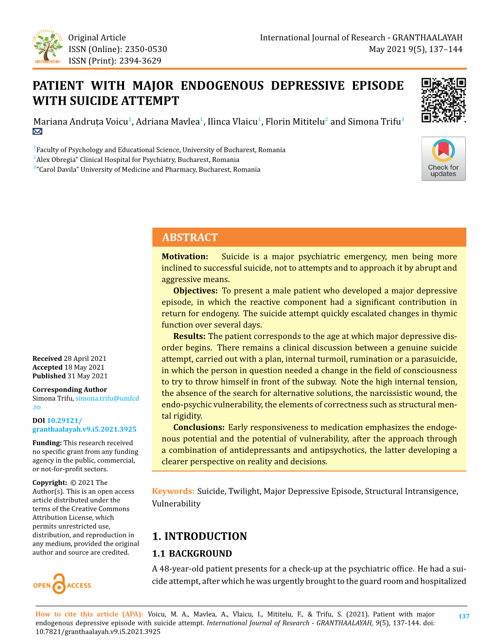 Patient with Major Endogenous Depressive Episode with Suicide Attempt