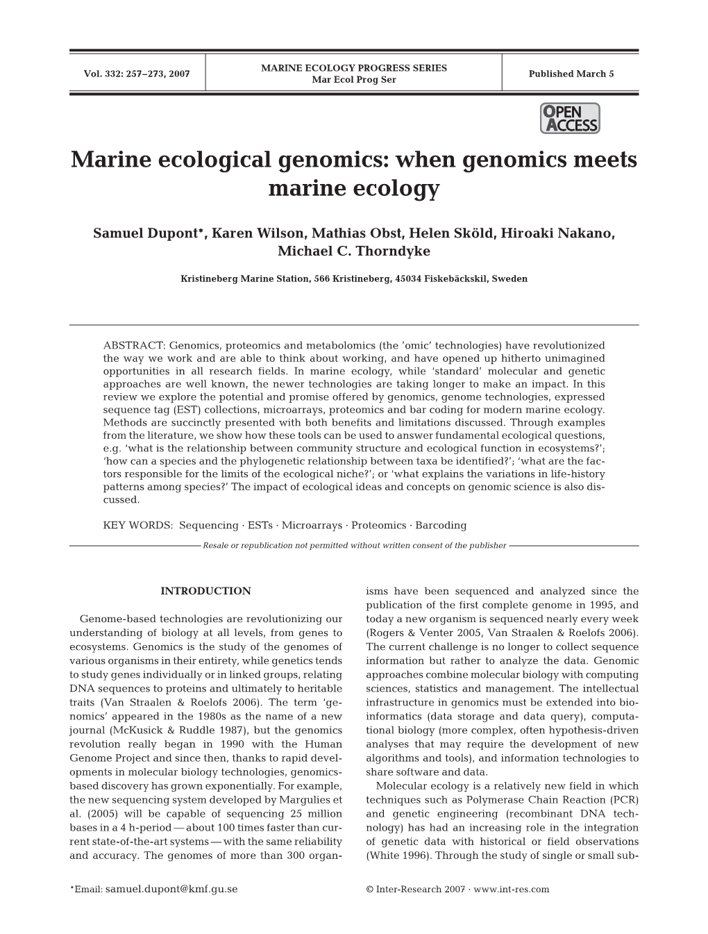 Marine Ecological Genomics: When Genomics Meets Marine Ecology