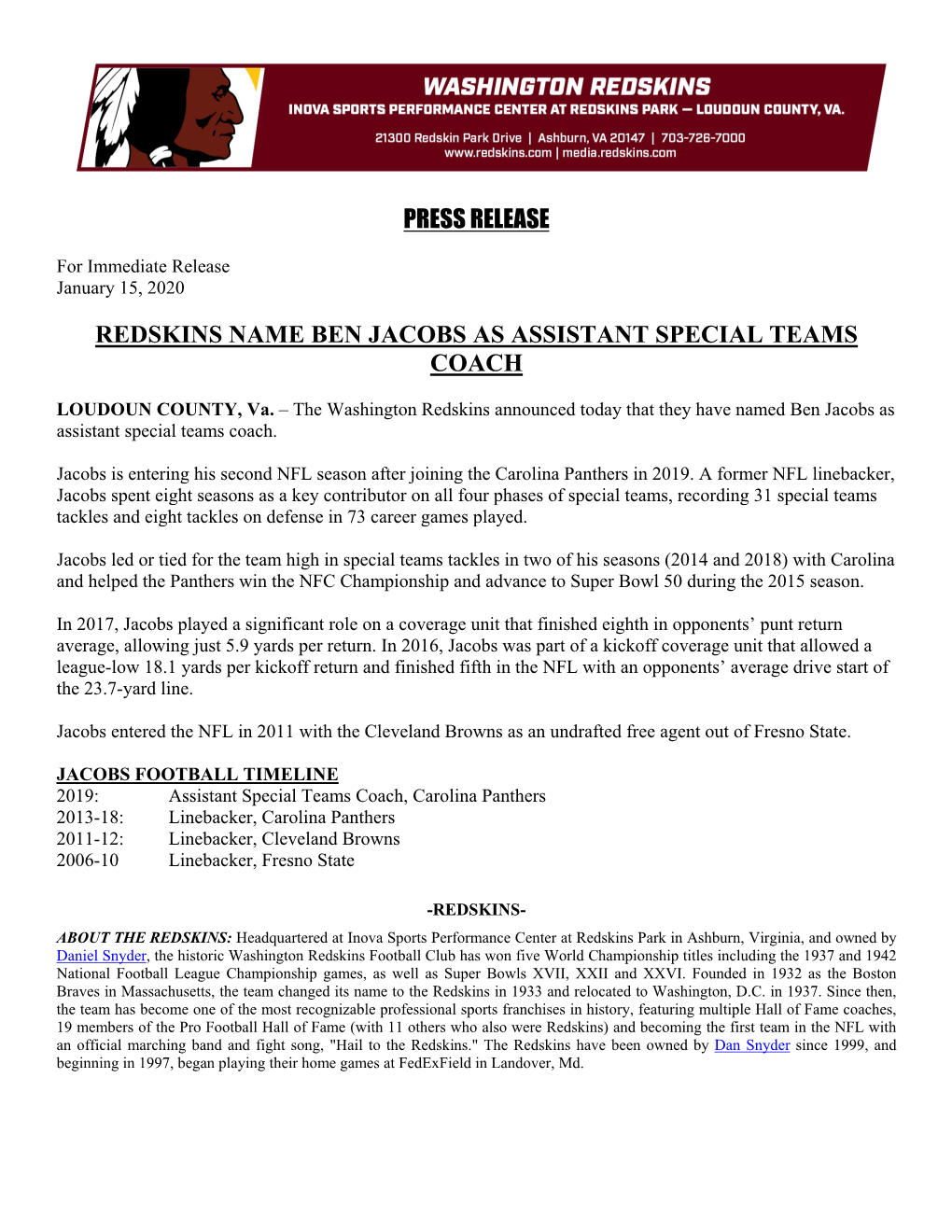 Press Release Redskins Name Ben Jacobs As Assistant