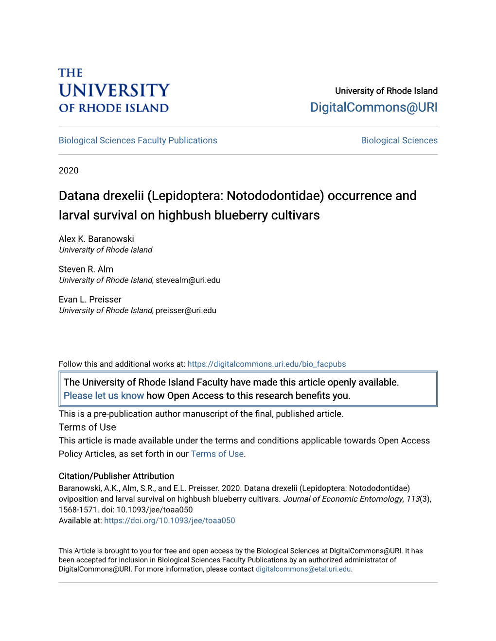 Datana Drexelii (Lepidoptera: Notododontidae) Occurrence and Larval Survival on Highbush Blueberry Cultivars