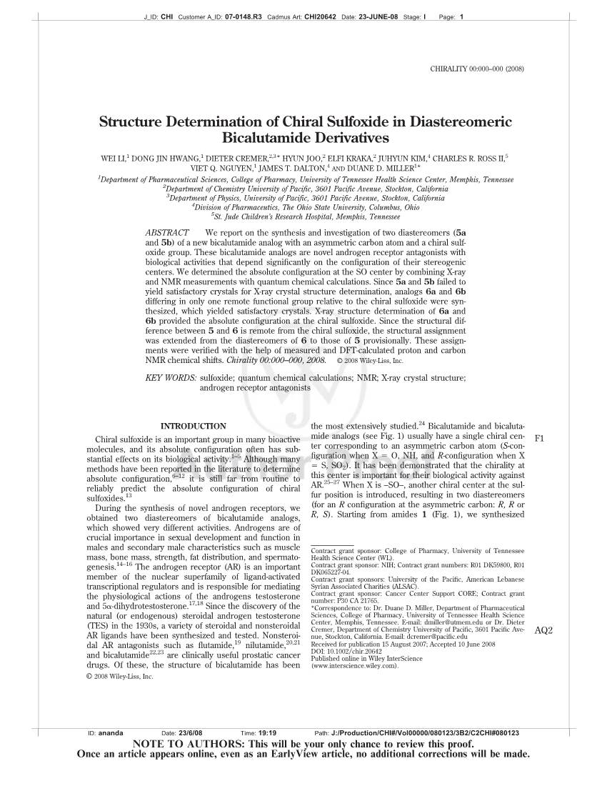 Structure Determination of Chiral Sulfoxide in Diastereomeric Bicalutamide Derivatives