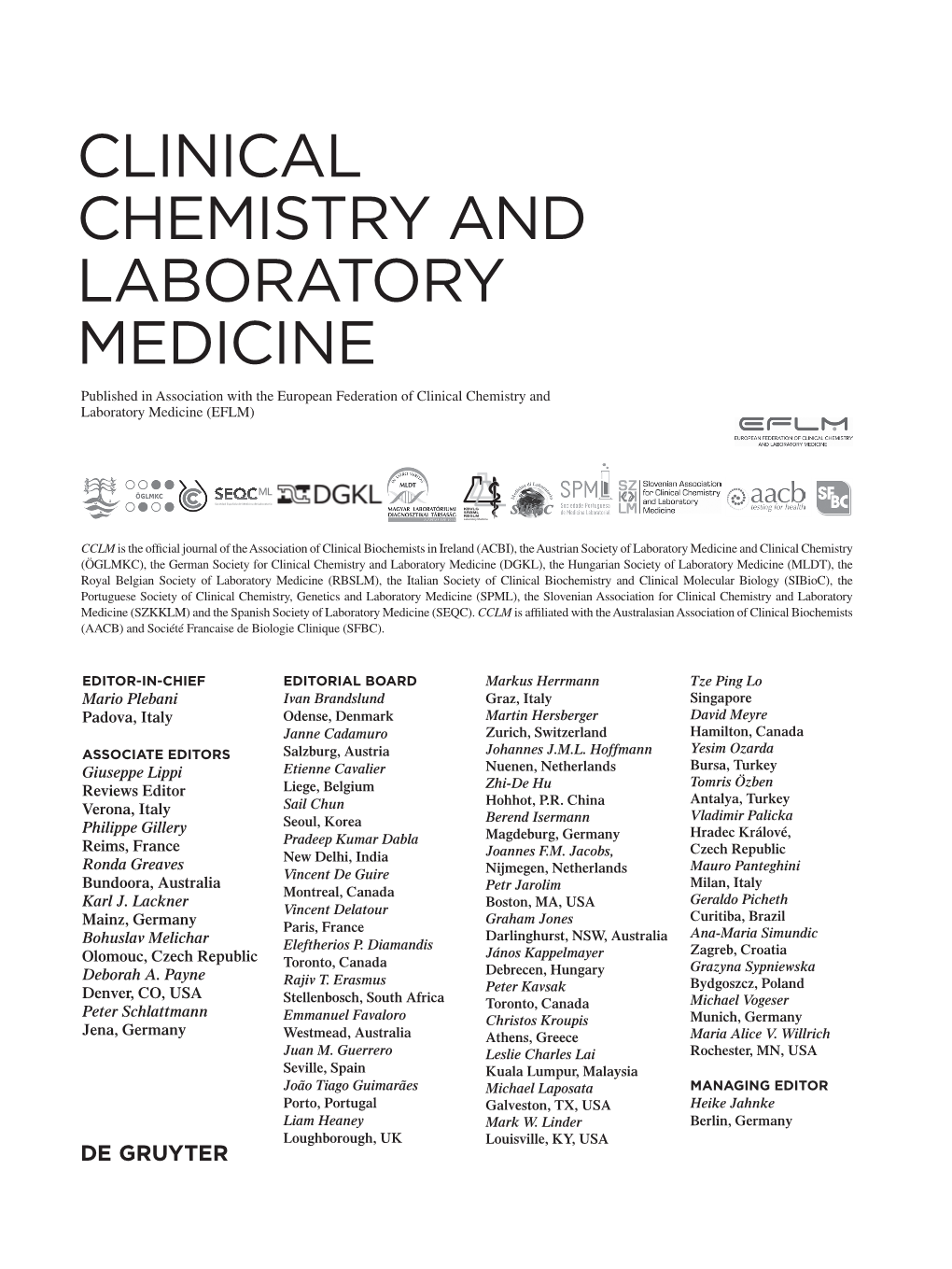 Clinical Chemistry and Laboratory Medicine Published in Association with the European Federation of Clinical Chemistry and Laboratory Medicine (EFLM)
