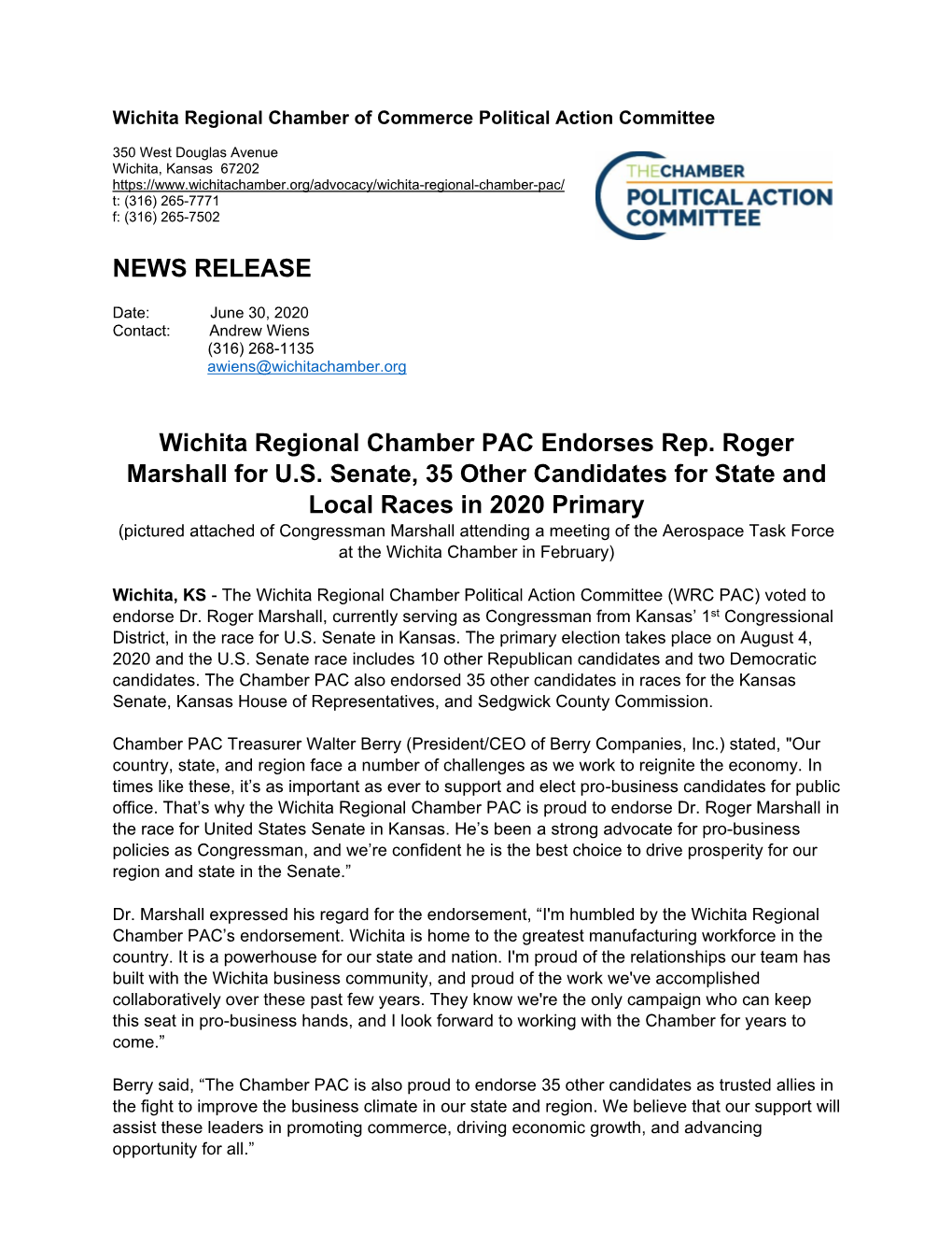 Wichita Regional Chamber PAC Endorses Rep. Roger Marshall for U.S