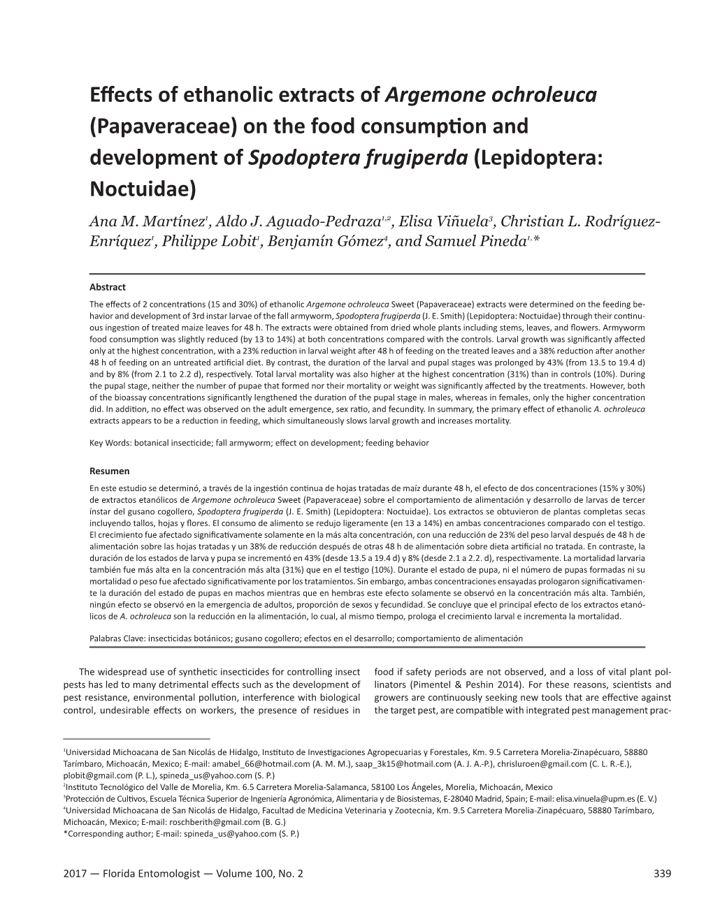 Effects of Ethanolic Extracts of Argemone Ochroleuca (Papaveraceae) on the Food Consumption and Development of Spodoptera Frugiperda (Lepidoptera: Noctuidae)