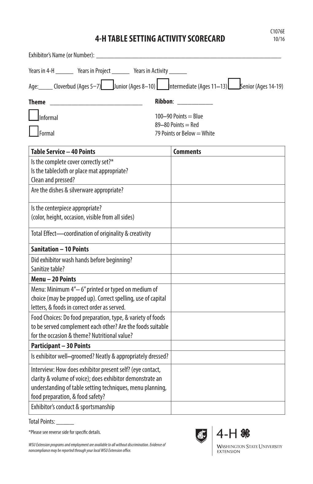 4-H Table Setting Activity Scorecard 10/16