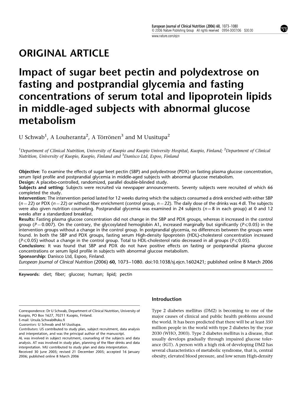 Impact of Sugar Beet Pectin and Polydextrose on Fasting And