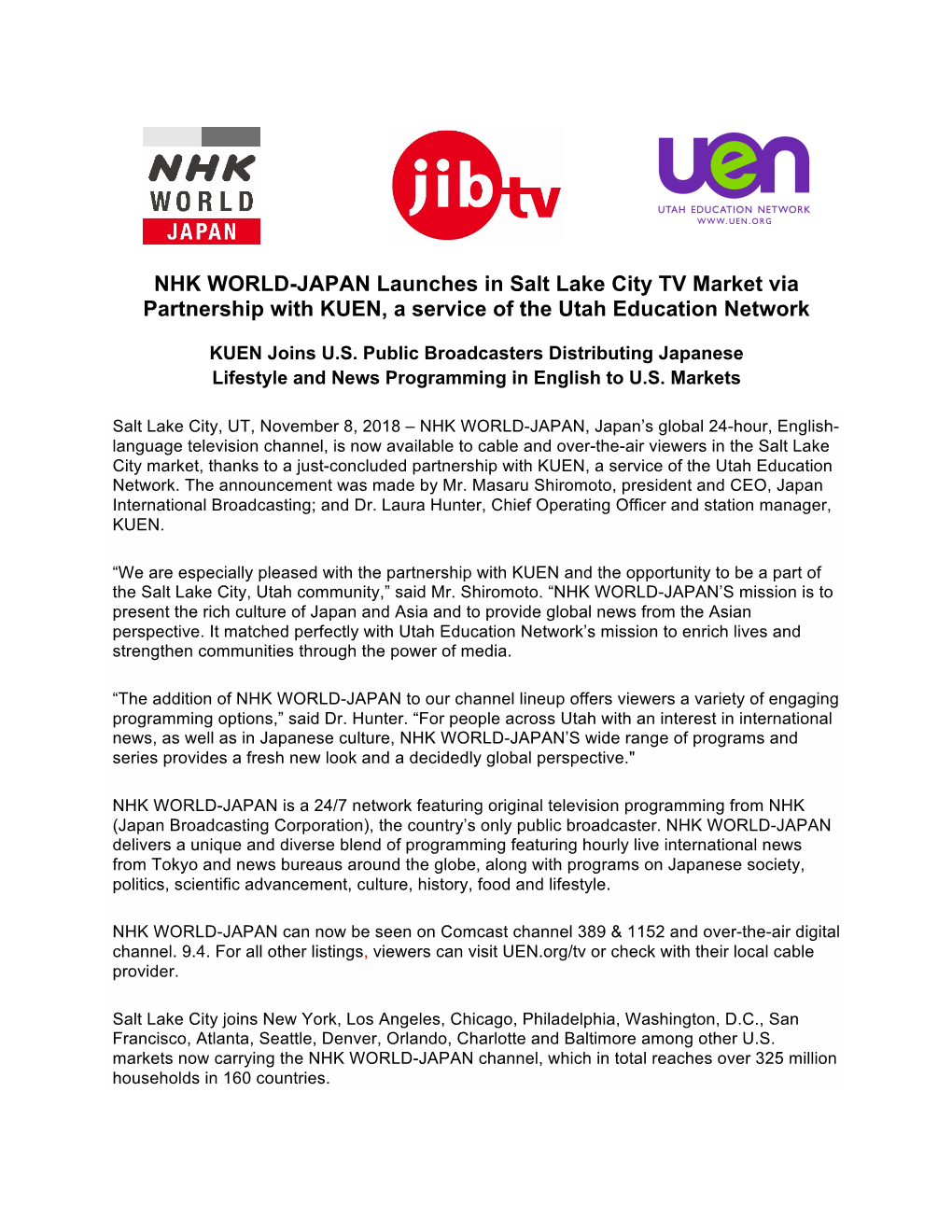 NHK WORLD-JAPAN Launches in Salt Lake City TV Market Via Partnership with KUEN, a Service of the Utah Education Network