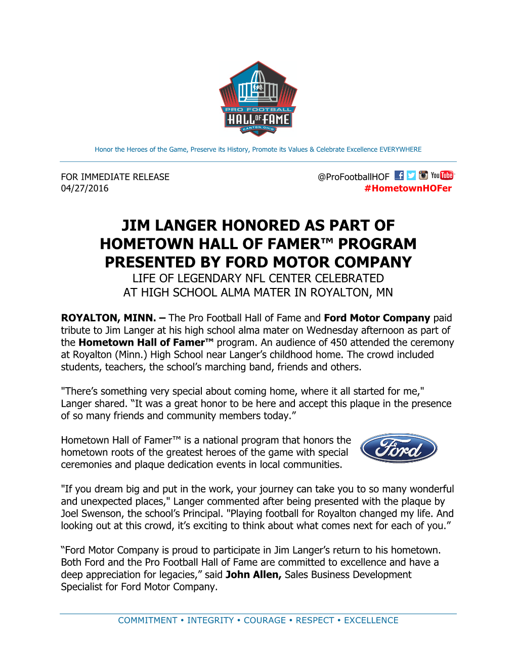 Jim Langer Honored As Part of Hometown Hall of Famer