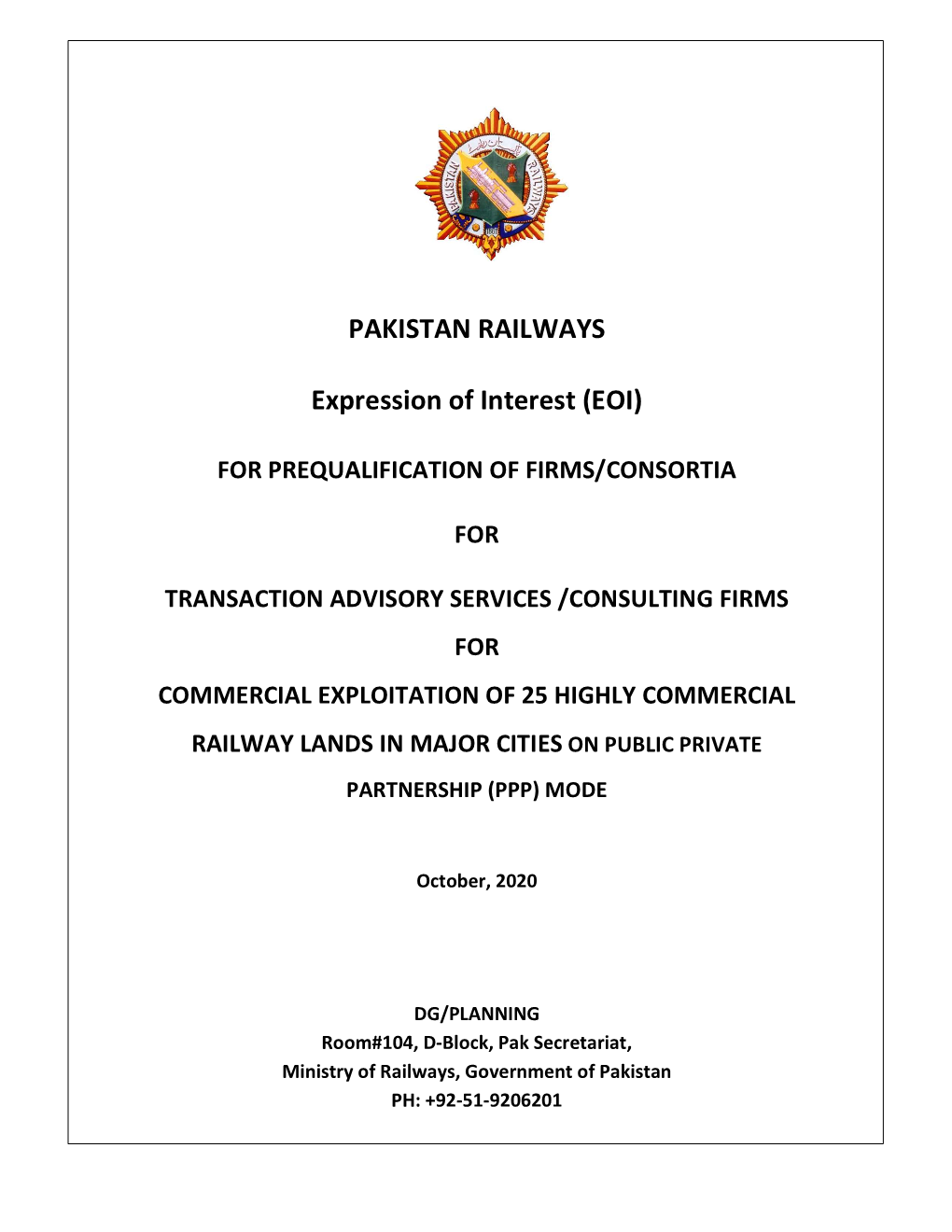 PAKISTAN RAILWAYS Expression of Interest (EOI)