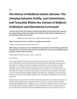 The History of Medieval Jewish Libraries