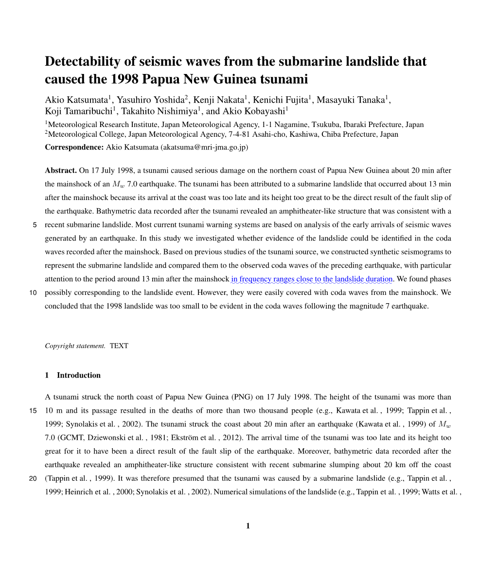 Detectability of Seismic Waves from the Submarine Landslide That Caused