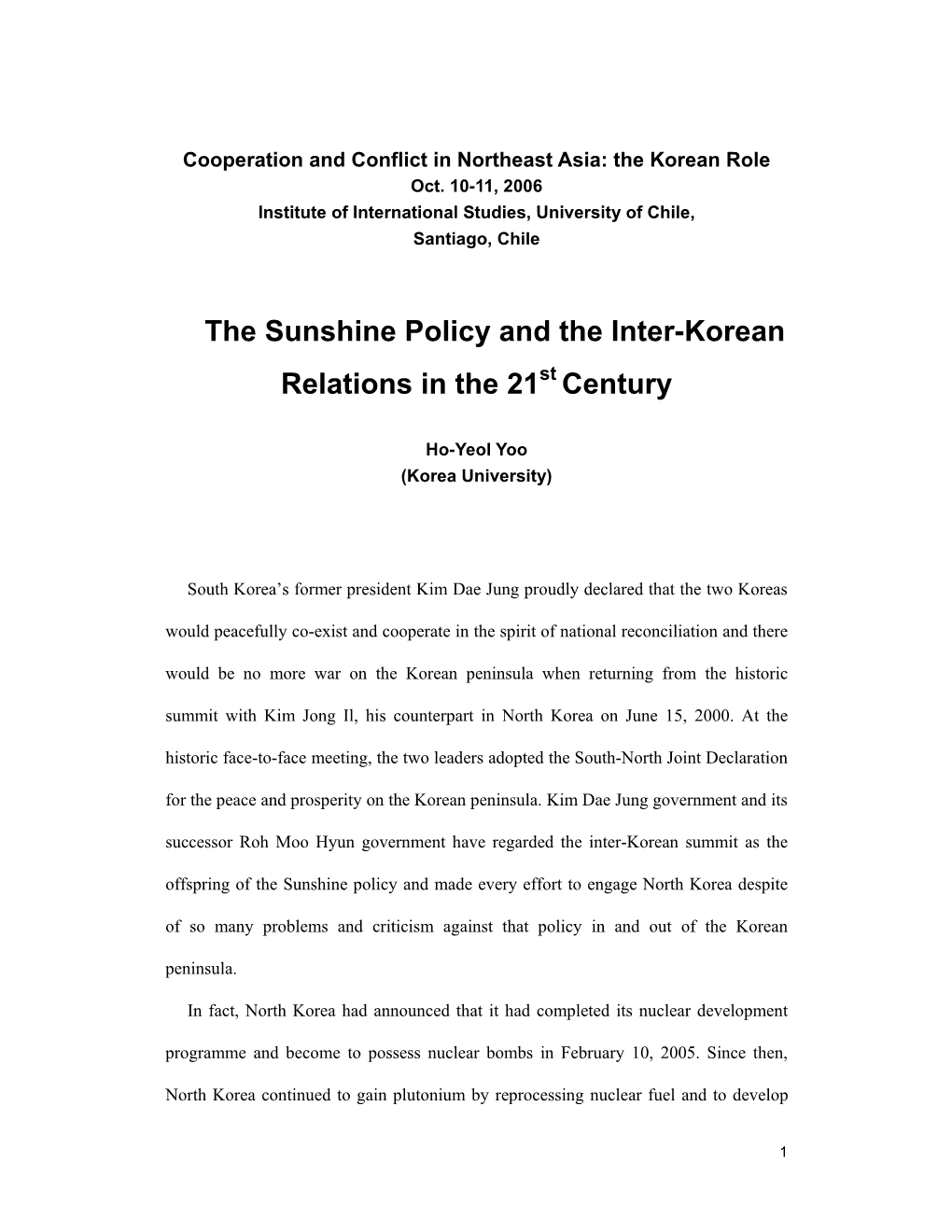 The Sunshine Policy and the Inter-Korean Relations in the 21St Century