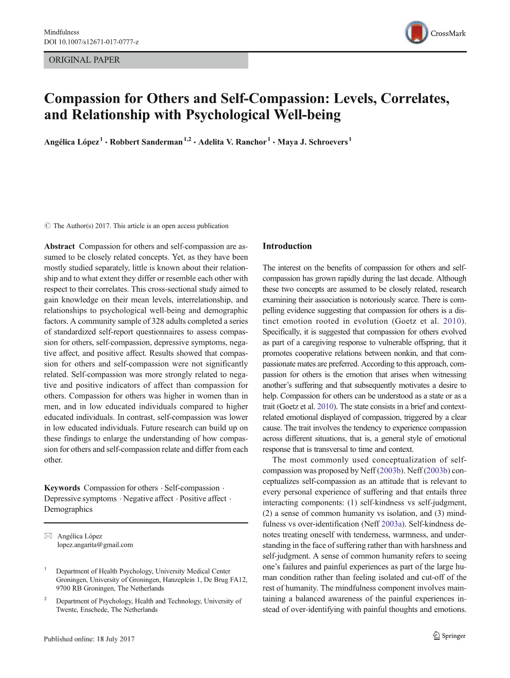Compassion for Others and Self-Compassion: Levels, Correlates, and Relationship with Psychological Well-Being