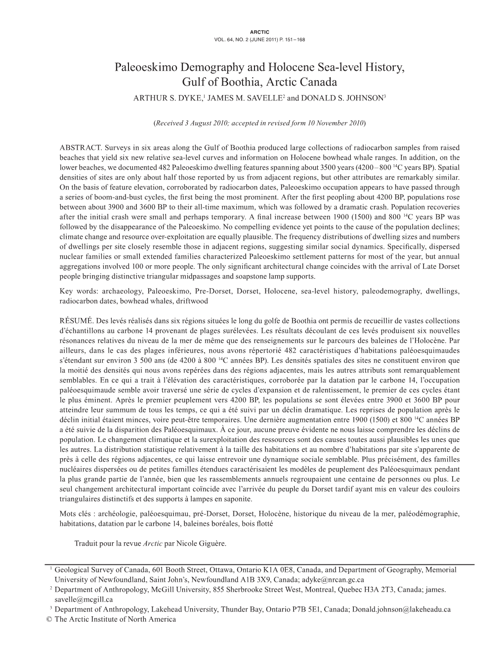 Paleoeskimo Demography and Holocene Sea-Level History, Gulf of Boothia, Arctic Canada ARTHUR S