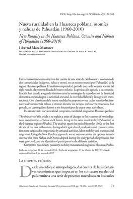 Otomíes Y Nahuas De Pahuatlán (1960-2010) New Rurality in the Huasteca Poblana: Otomíes and Nahuas of Pahuatlán (1960-2010)