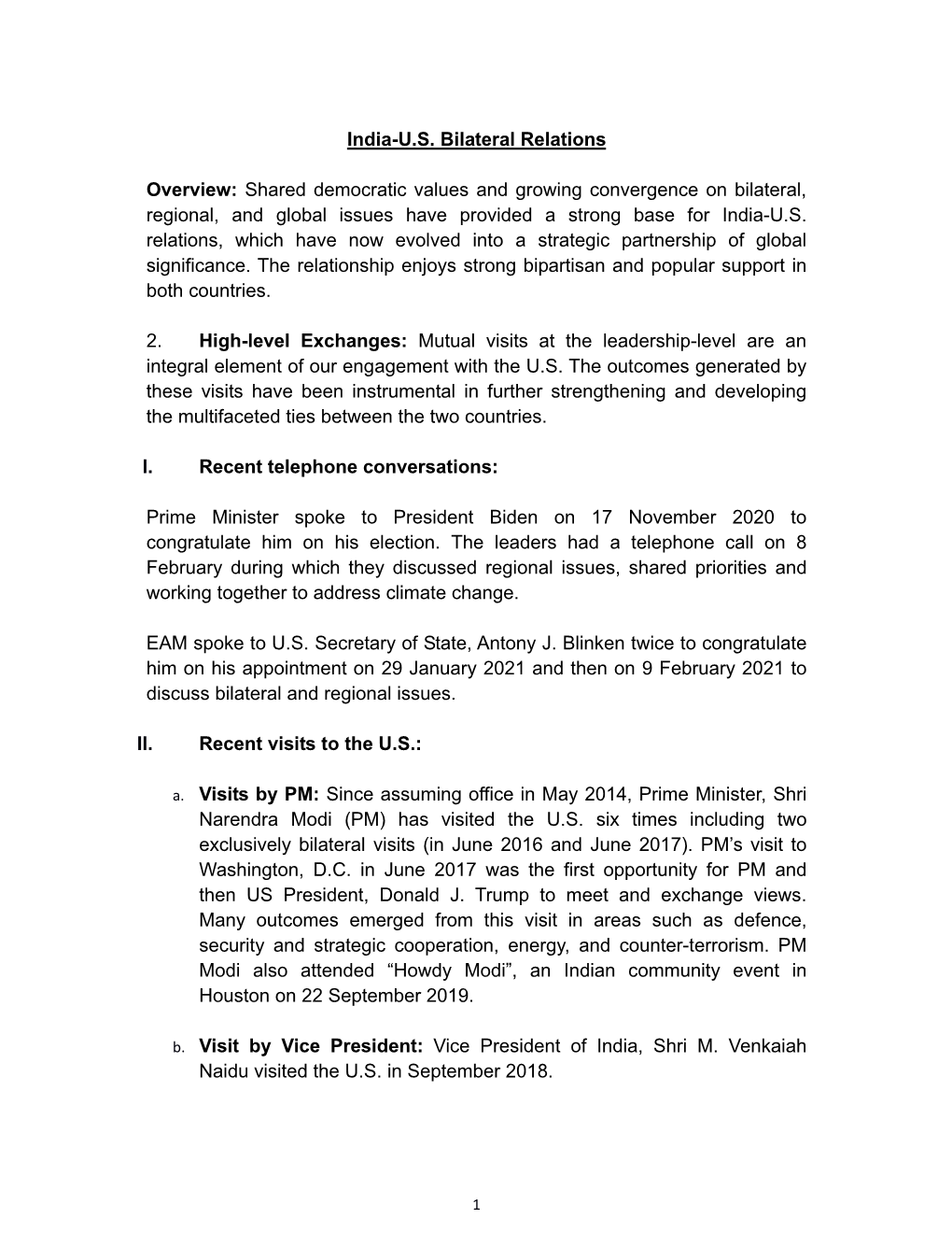 India-US Bilateral Relations Overview