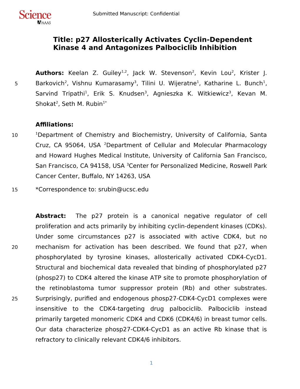 Title: P27 Allosterically Activates Cyclin-Dependent Kinase 4 and Antagonizes Palbociclib Inhibition