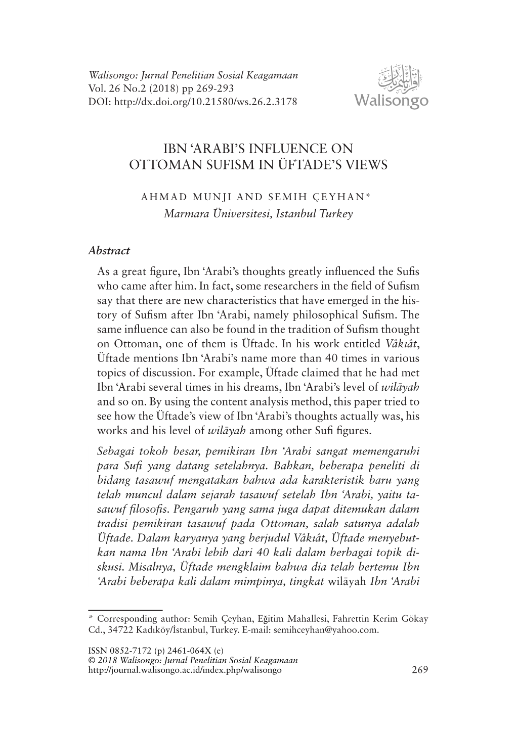 'Arabi's Influence on Ottoman Sufism in Üftade's Views