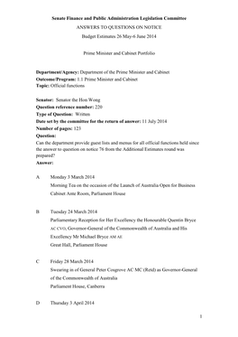 ANSWERS to QUESTIONS on NOTICE Budget Estimates 26 May-6 June 2014