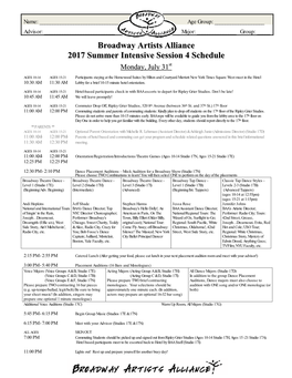 Broadway Artists Alliance 2017 Summer Intensive Session 4 Schedule