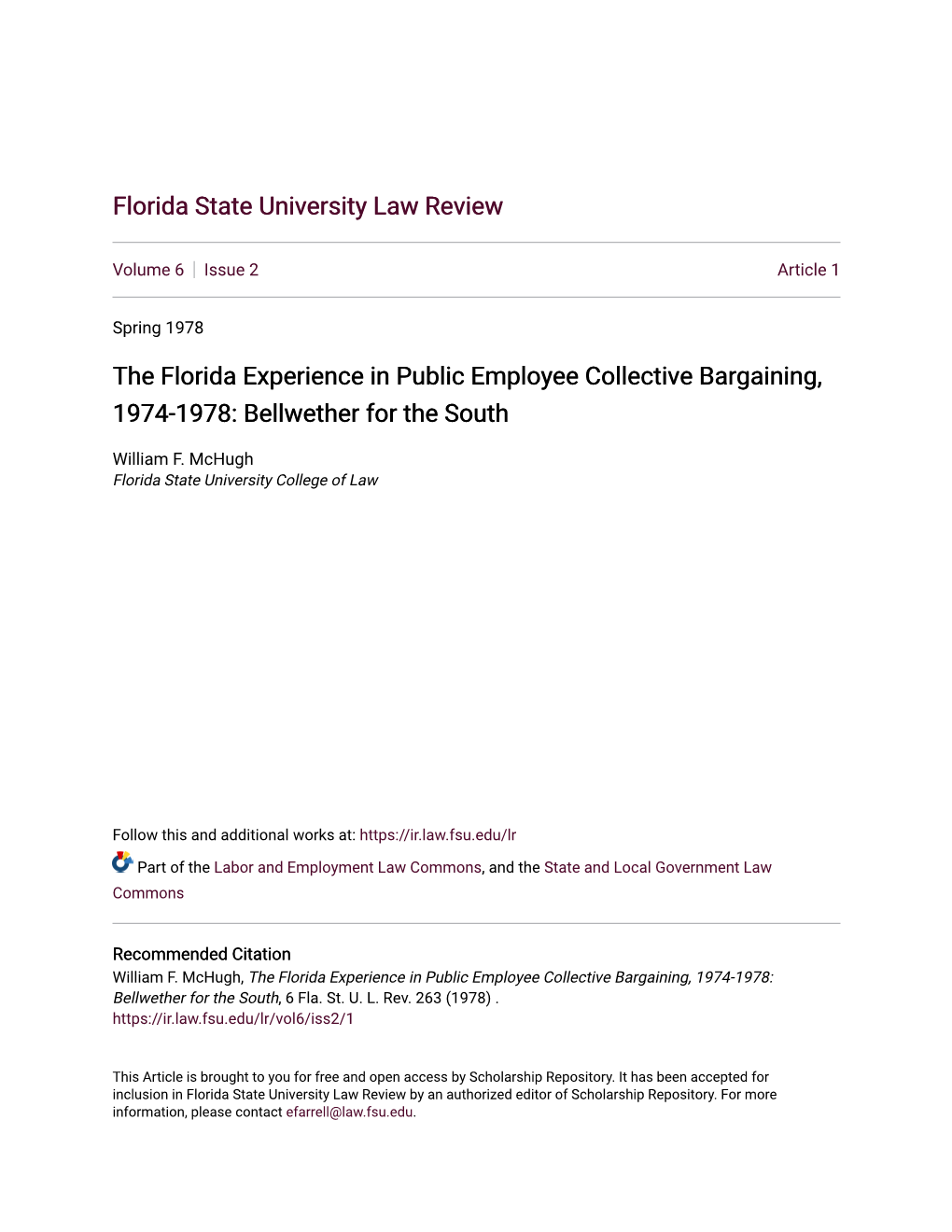 The Florida Experience in Public Employee Collective Bargaining, 1974-1978: Bellwether for the South