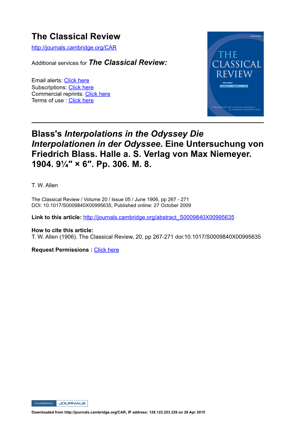 Blass's Interpolations in the Odyssey Die Interpolationen in Der Odyssee