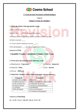 1 Term Revision Worksheet of Hindu Religion Class-4