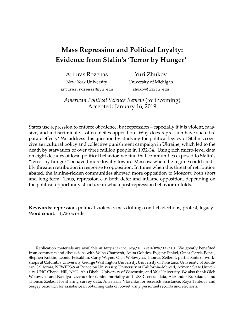 Mass Repression and Political Loyalty: Evidence from Stalin's 'Terror By