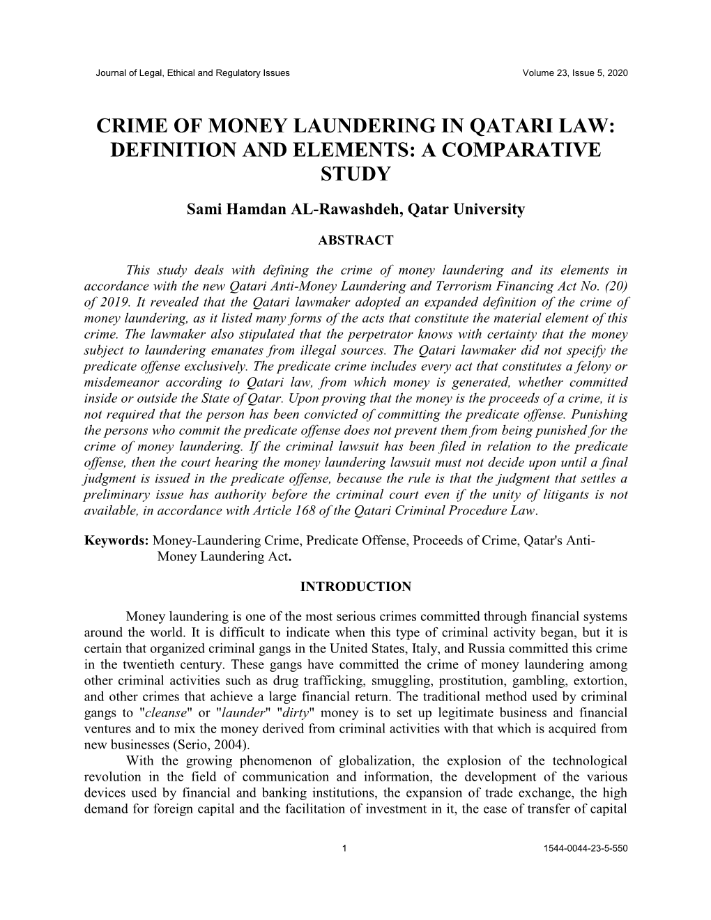Crime of Money Laundering in Qatari Law: Definition and Elements: a Comparative Study