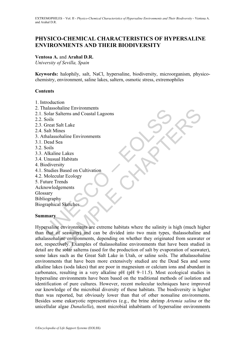 Physico-Chemical Characteristics of Hypersaline Environments and Their Biodiversity - Ventosa A
