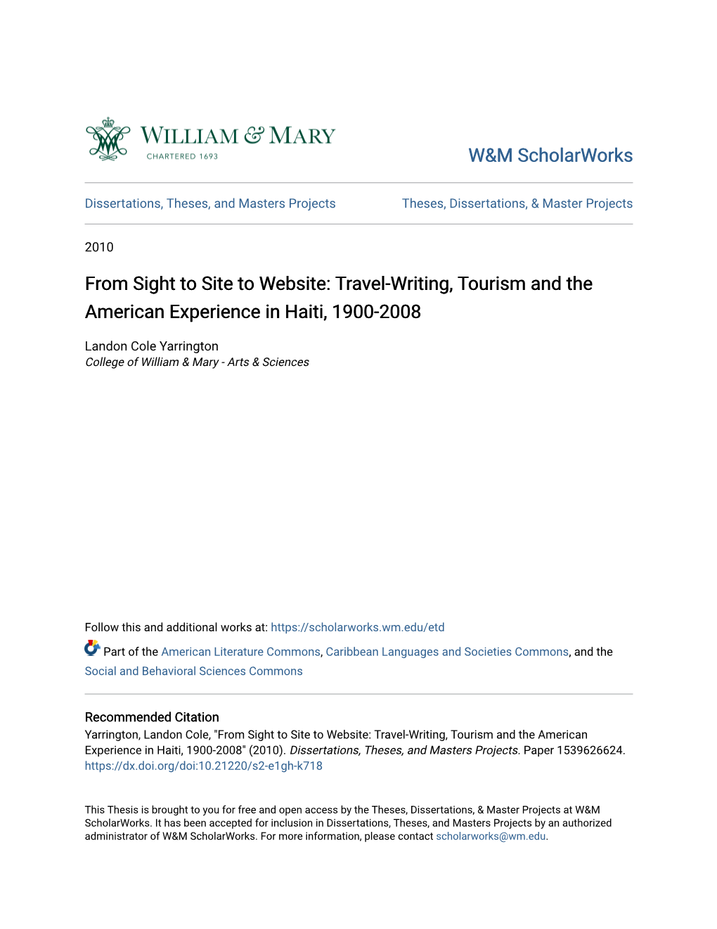 Travel-Writing, Tourism and the American Experience in Haiti, 1900-2008