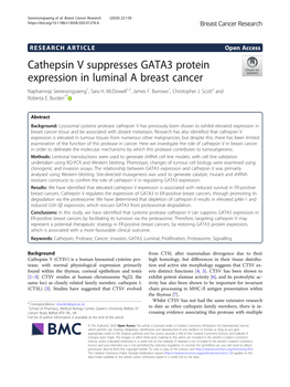 Cathepsin V Suppresses GATA3 Protein Expression in Luminal a Breast Cancer Naphannop Sereesongsaeng1, Sara H