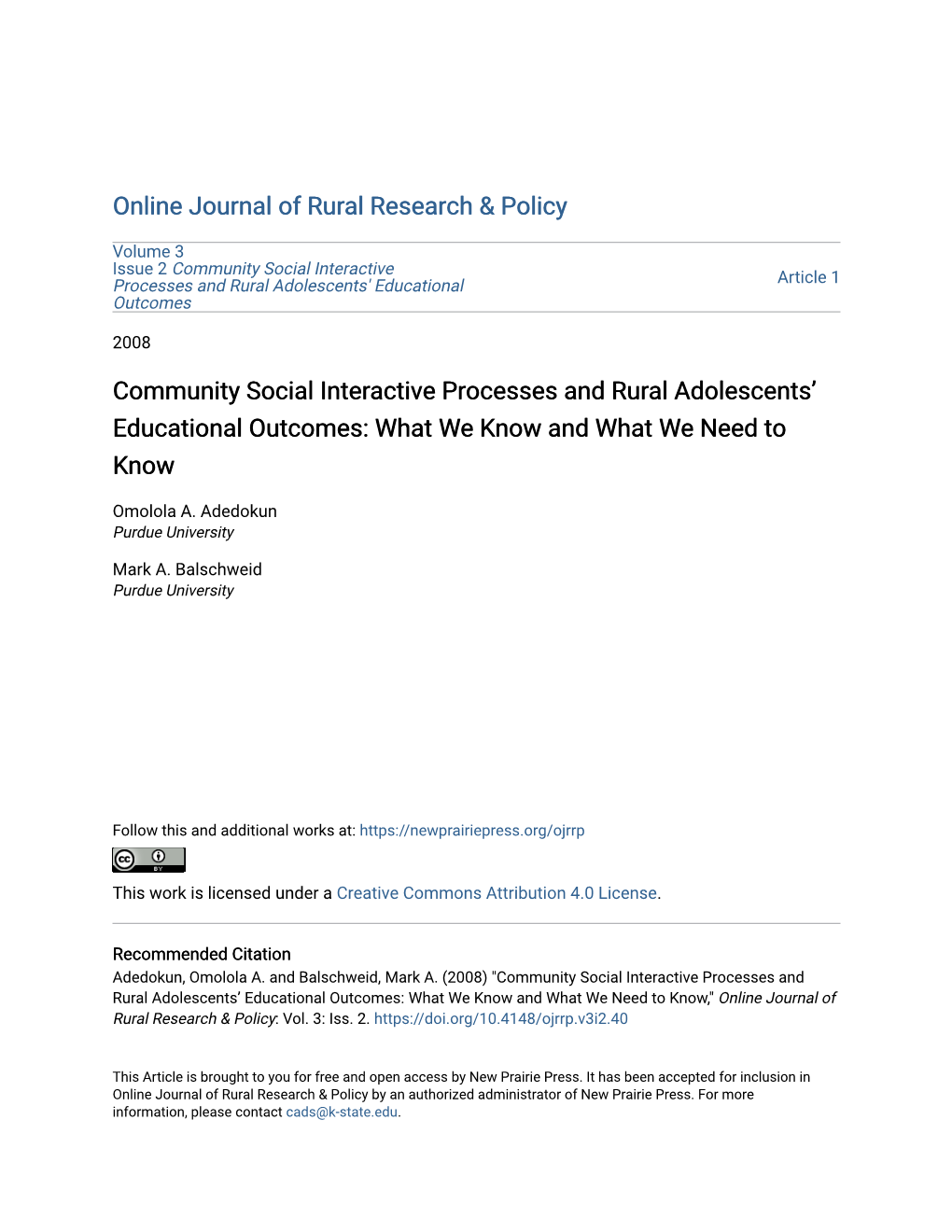 Community Social Interactive Processes and Rural Adolescents' Educational Article 1 Outcomes