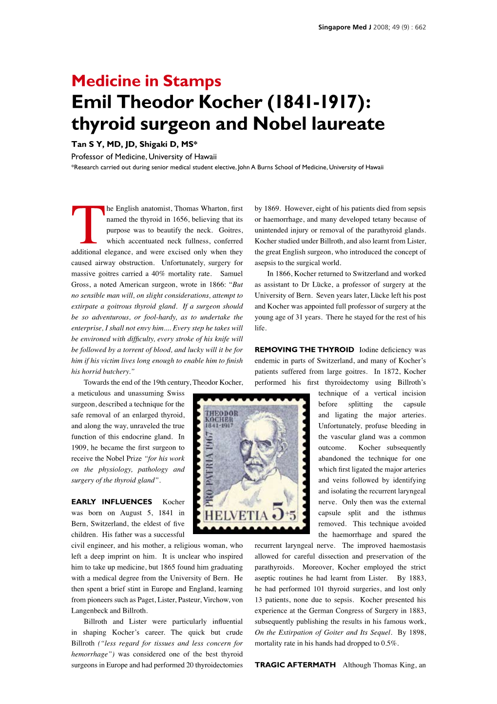 Emil Theodor Kocher (1841-1917): Thyroid Surgeon and Nobel Laureate