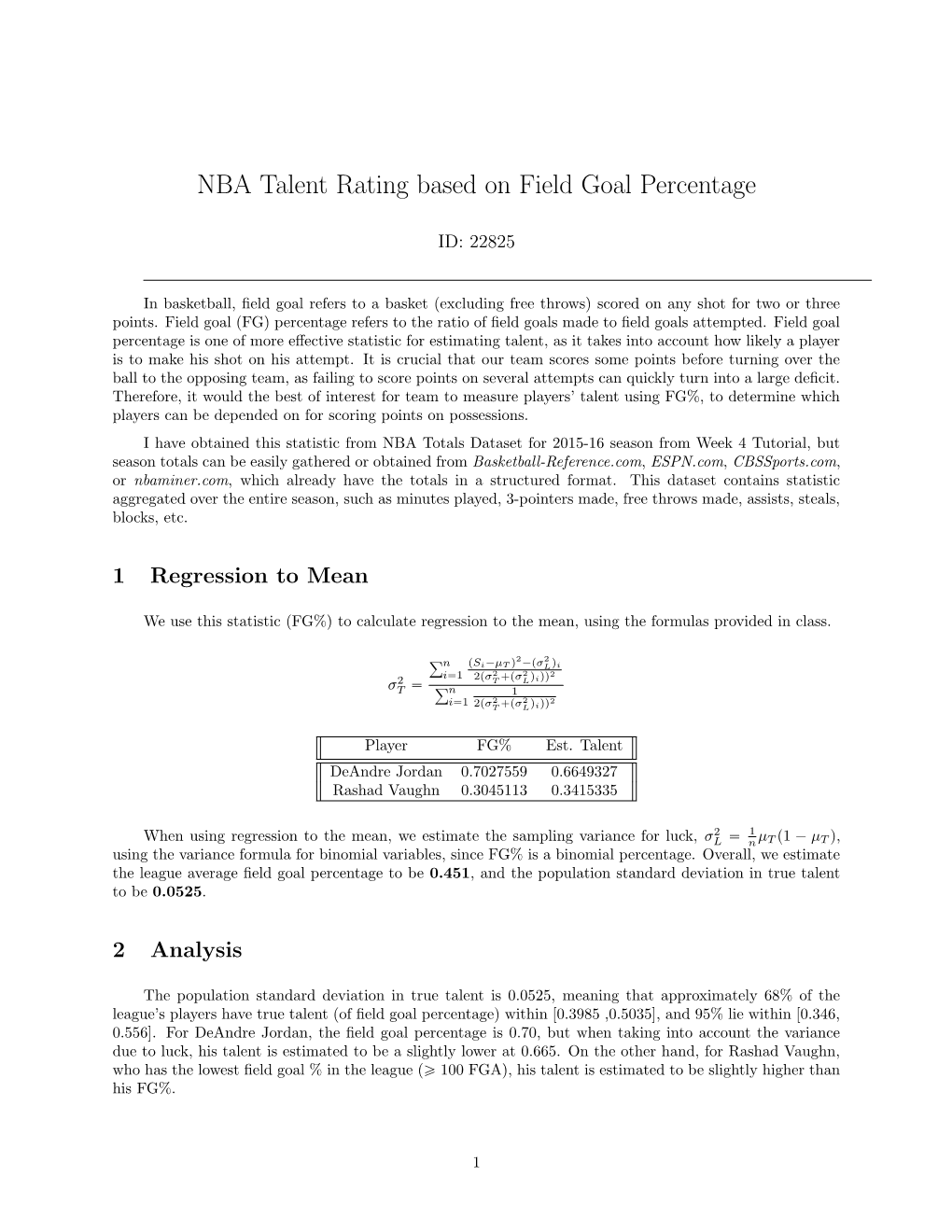 NBA Talent Rating Based on Field Goal Percentage